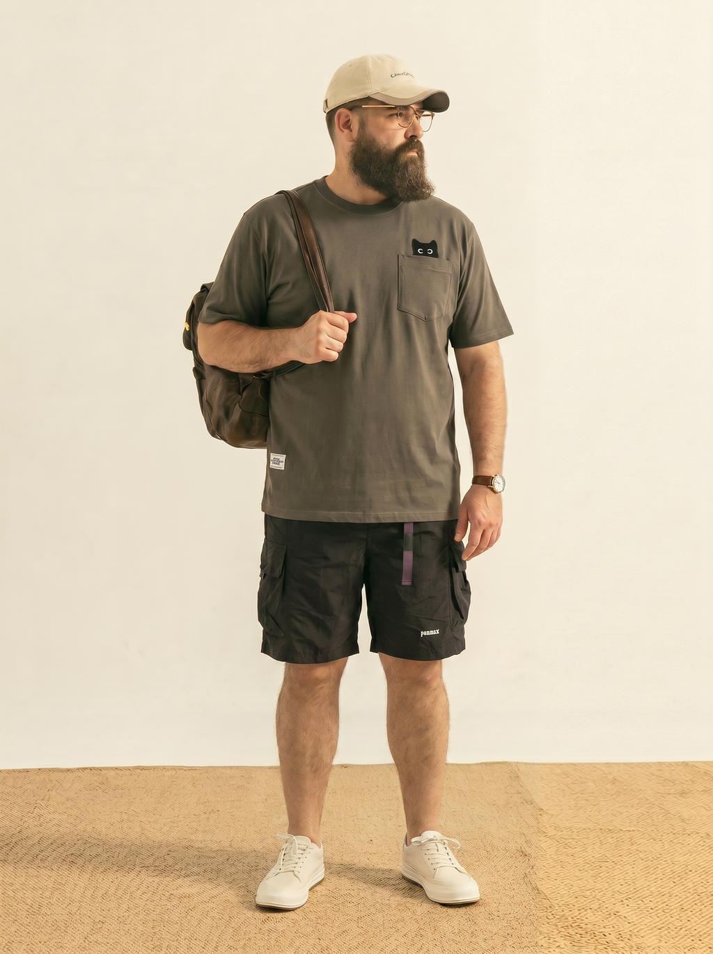 Men's spring and autumn workwear shorts with multiple pockets at the waist, drawstring shorts with functional design