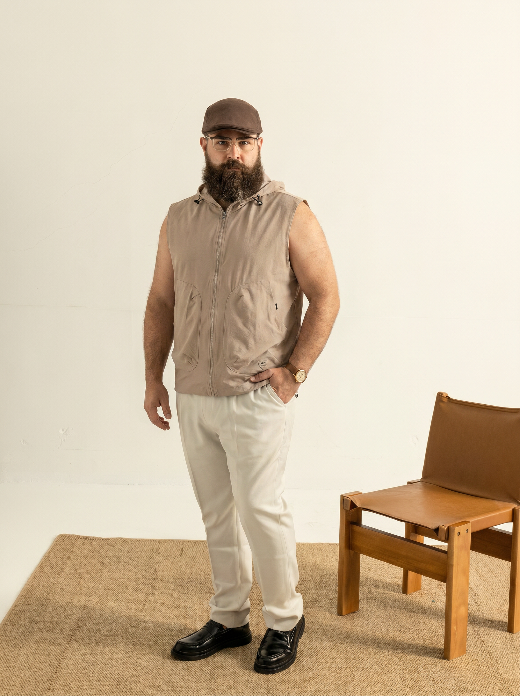 Plus-size men's trendy bubble gauze outdoor vest, short-sleeved, sporty, comfortable, outdoor hooded jacket, men's windproof